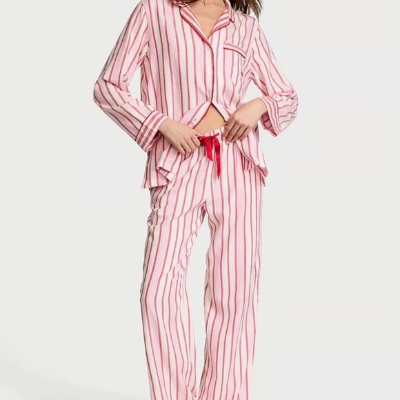 NWOT VICTORIA'S SECRET Flannel Pajama Cozy PJ Set Red Candy Cane Stripe M - Picture 2 of 15